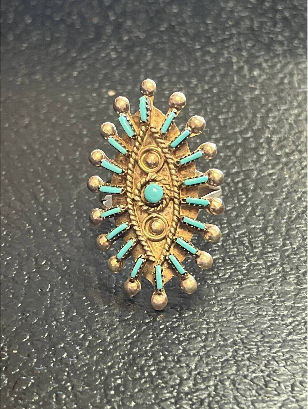 Navajo handmade cluster turquoise sterling silver inlay ring size 8.5